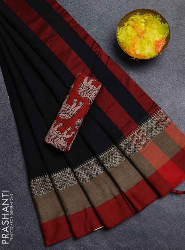 Narayanpet cotton saree black and maroon with plain body and thread woven simple border