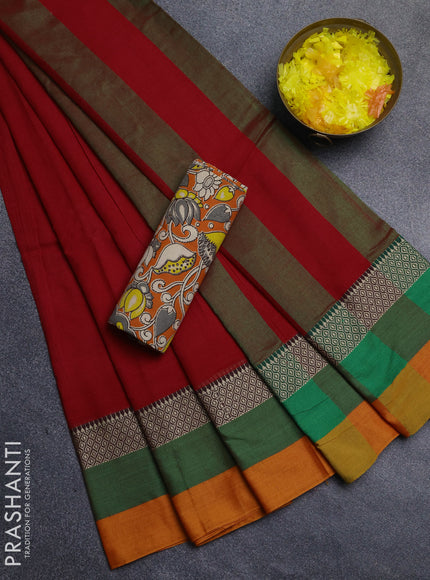 Narayanpet cotton saree red and orange with plain body and thread woven simple border