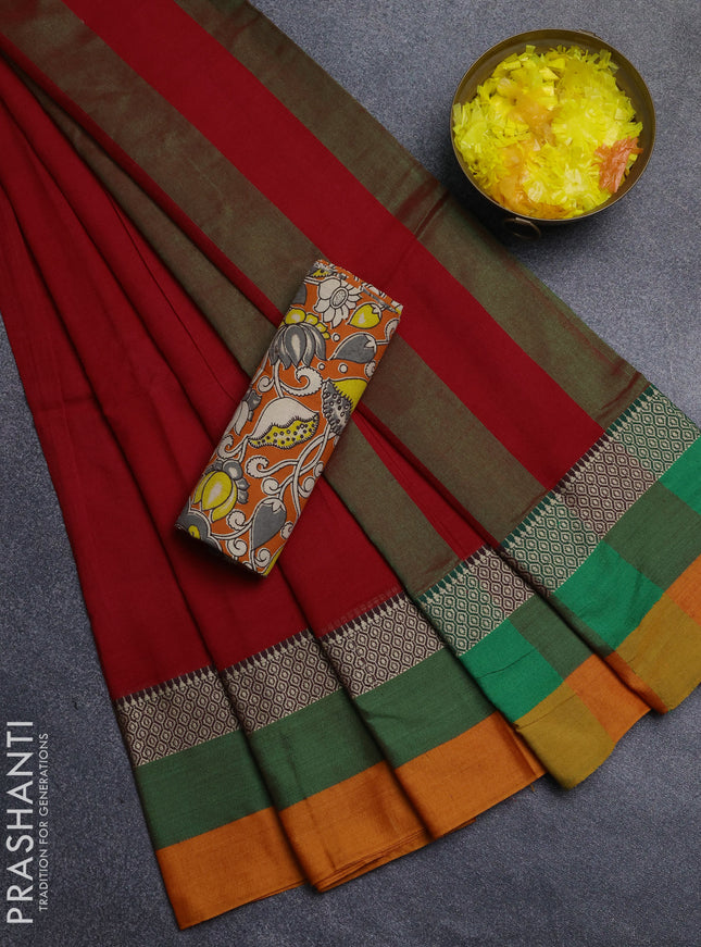 Narayanpet cotton saree red and orange with plain body and thread woven simple border