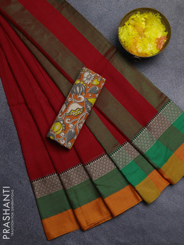 Narayanpet cotton saree red and orange with plain body and thread woven simple border