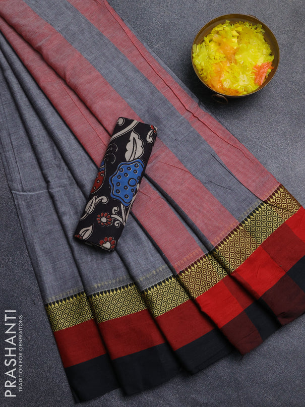 Narayanpet cotton saree grey and black with plain body and thread woven simple border