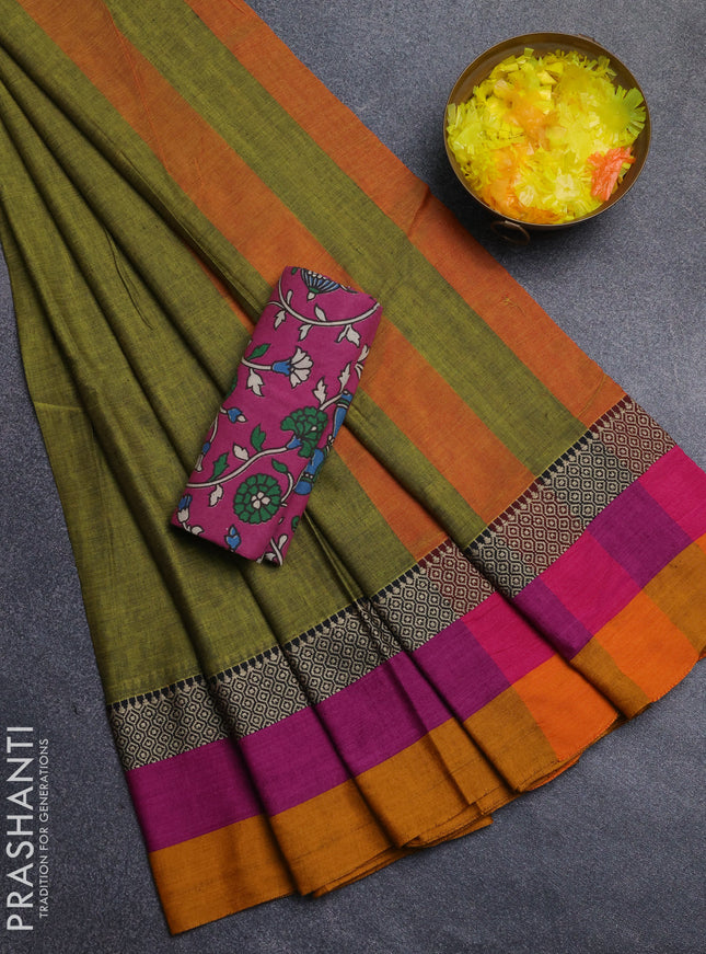 Narayanpet cotton saree light green and pink with plain body and thread woven simple border