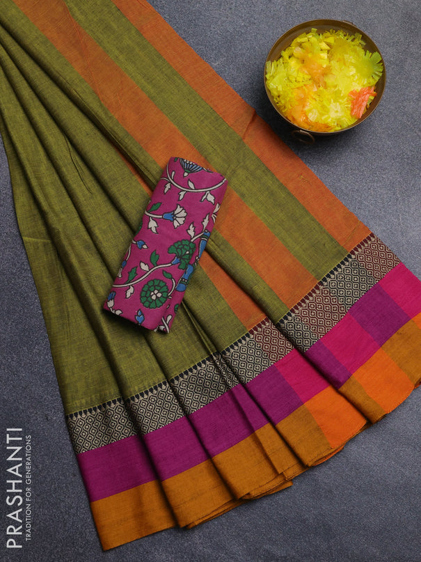 Narayanpet cotton saree light green and pink with plain body and thread woven simple border