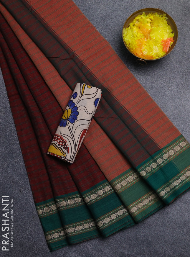 Narayanpet cotton saree maroon and beige with allover thread checked pattern and rettapet thread woven border