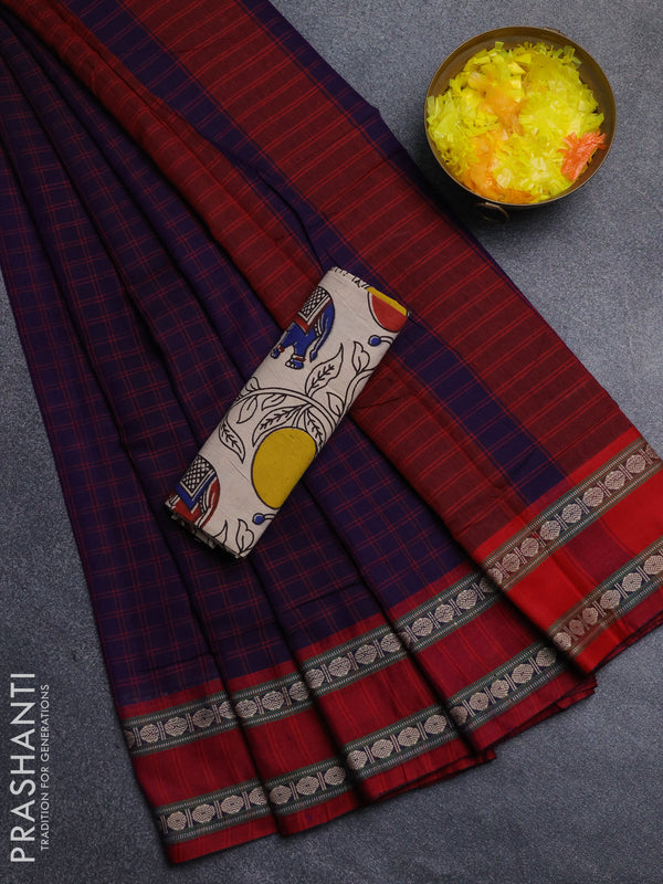 Narayanpet cotton saree violet and beige with allover thread checked pattern and rettapet thread woven border
