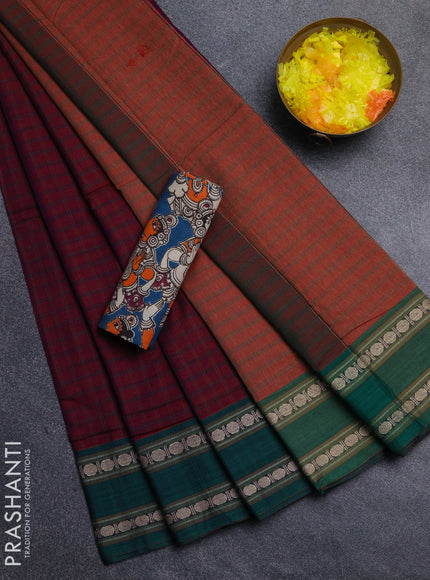 Narayanpet cotton saree wine shade and cs blue with allover thread checked pattern and rettapet thread woven border