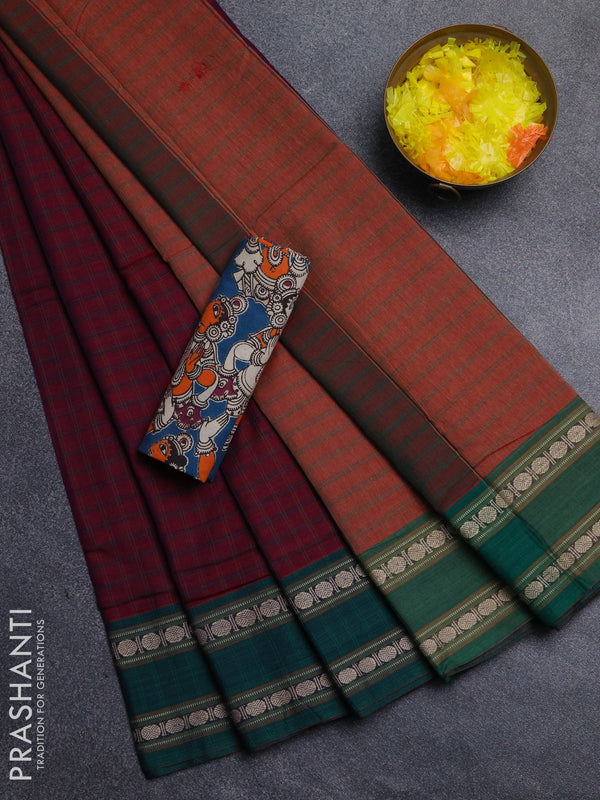 Narayanpet cotton saree wine shade and cs blue with allover thread checked pattern and rettapet thread woven border