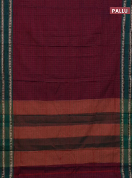 Narayanpet cotton saree wine shade and cs blue with allover thread checked pattern and rettapet thread woven border
