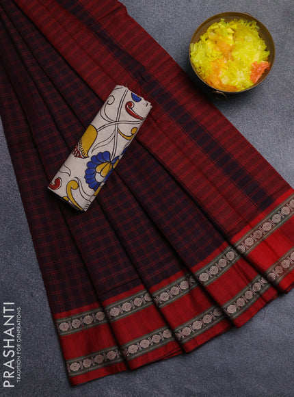 Narayanpet cotton saree jamun shade and beige with allover thread checked pattern and rettapet thread woven border