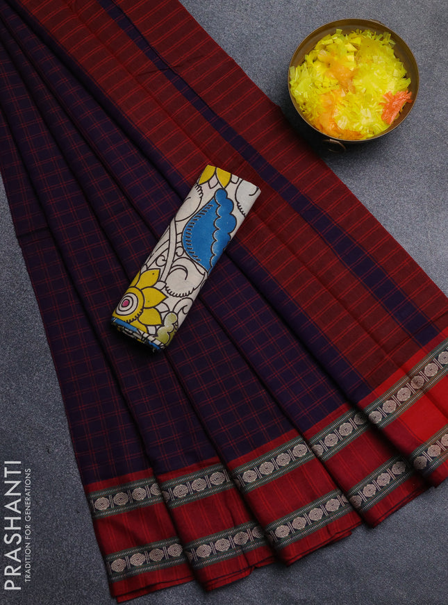 Narayanpet cotton saree violet and beige with allover thread checked pattern and rettapet thread woven border