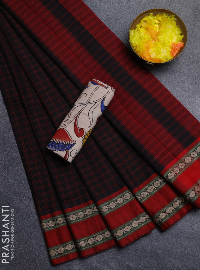 Narayanpet cotton saree black and beige with allover thread checked pattern and rettapet thread woven border