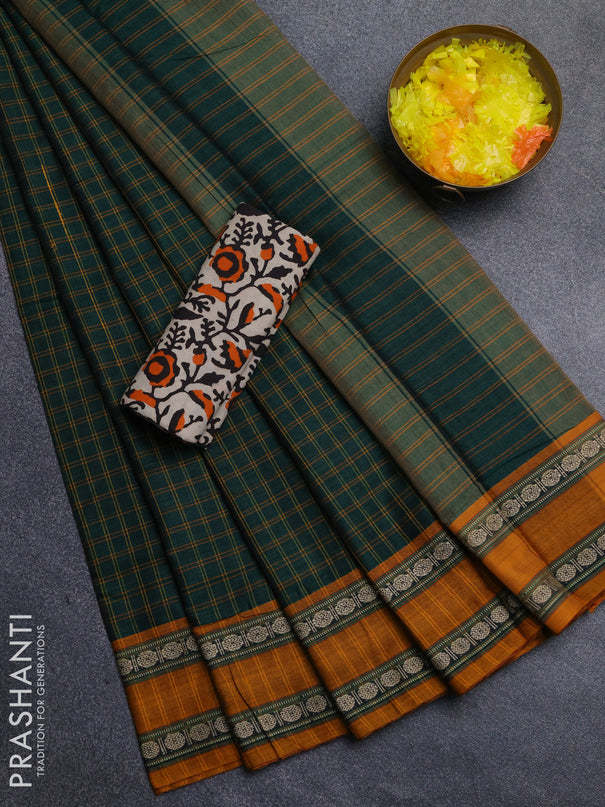 Narayanpet cotton saree green and beige with allover thread checked pattern and rettapet thread woven border
