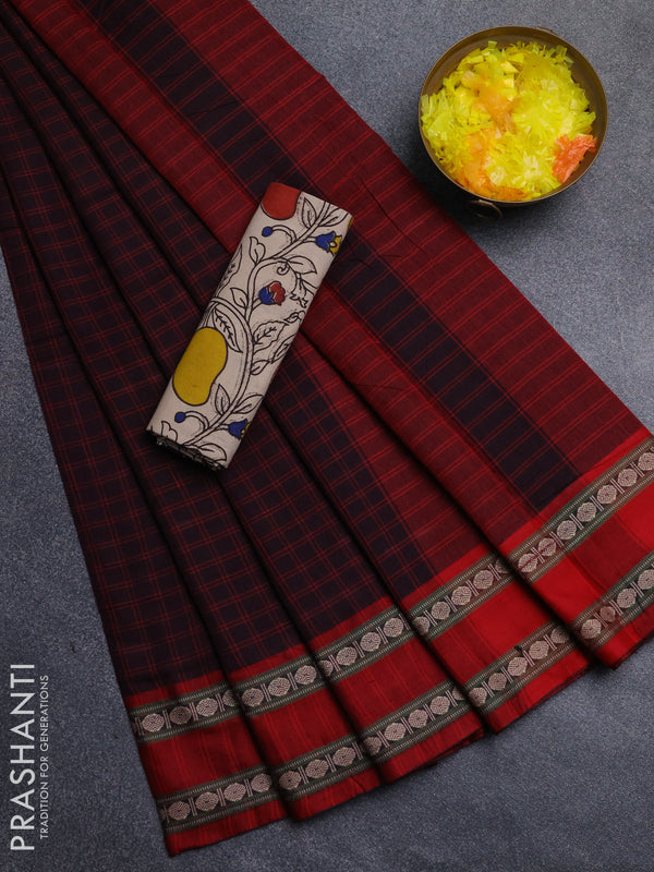 Narayanpet cotton saree jamun shade and beige with allover thread checked pattern and rettapet thread woven border