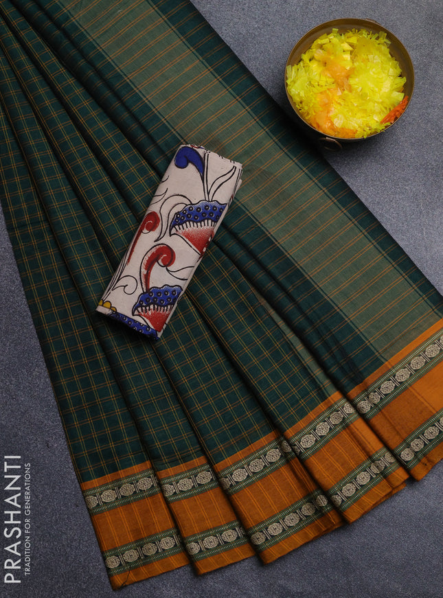 Narayanpet cotton saree bottle green and beige with allover thread checked pattern and rettapet thread woven border