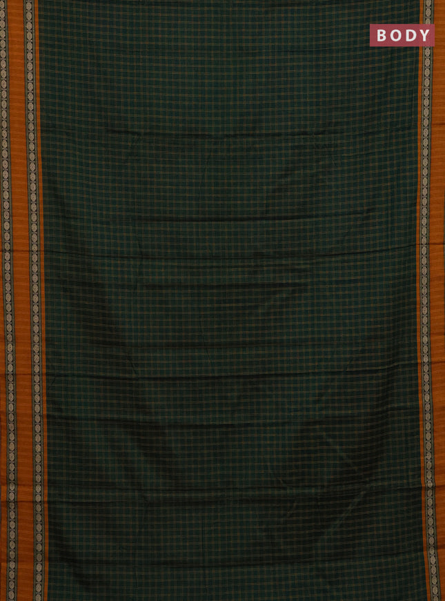 Narayanpet cotton saree bottle green and beige with allover thread checked pattern and rettapet thread woven border