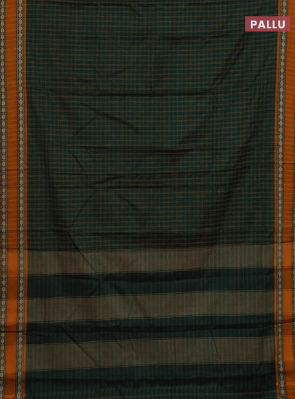 Narayanpet cotton saree bottle green and beige with allover thread checked pattern and rettapet thread woven border