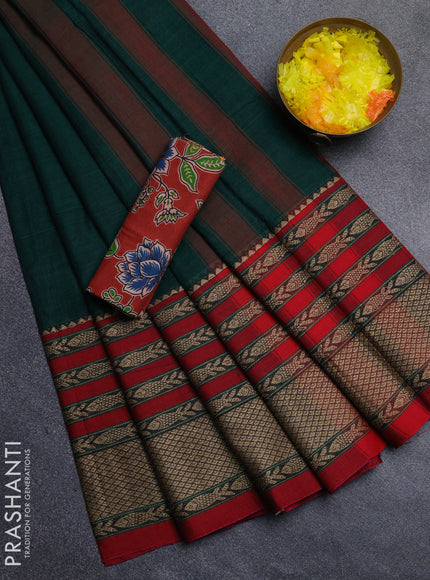 Narayanpet cotton saree bottle green and maroon with allover thread checked pattern and rettapet thread woven border