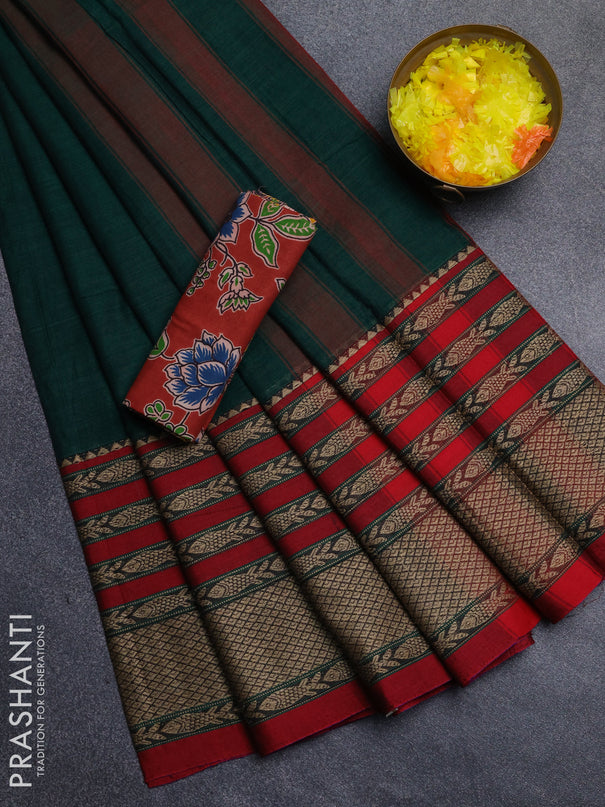 Narayanpet cotton saree bottle green and maroon with allover thread checked pattern and rettapet thread woven border