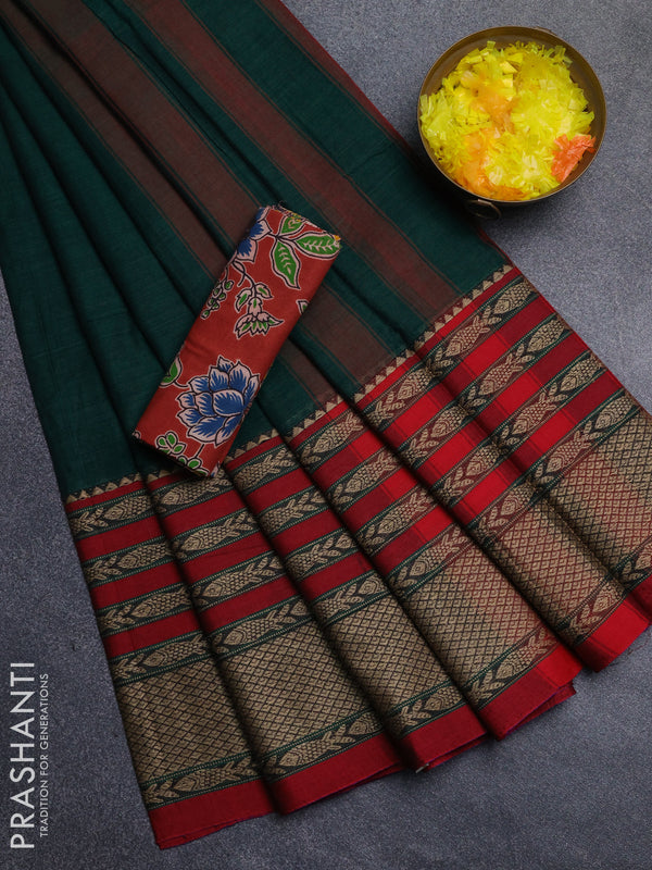 Narayanpet cotton saree bottle green and maroon with allover thread checked pattern and rettapet thread woven border