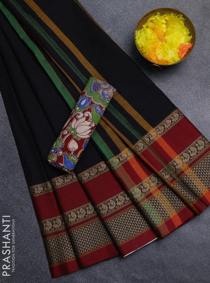 Narayanpet cotton saree black and maroon with allover thread checked pattern and rettapet thread woven border