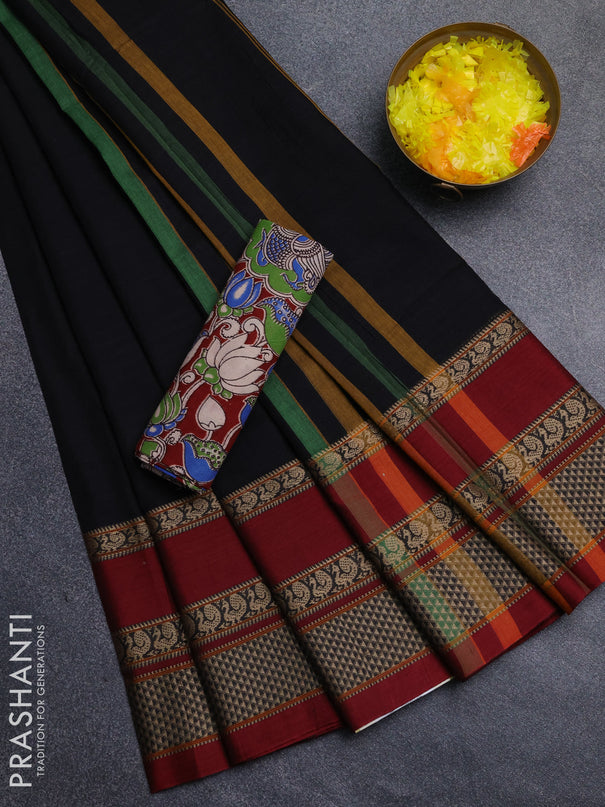 Narayanpet cotton saree black and maroon with allover thread checked pattern and rettapet thread woven border