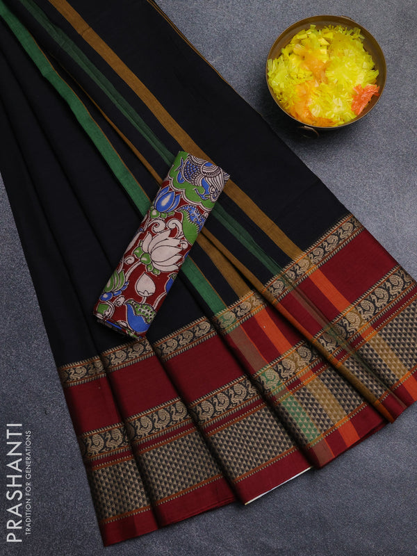 Narayanpet cotton saree black and maroon with allover thread checked pattern and rettapet thread woven border