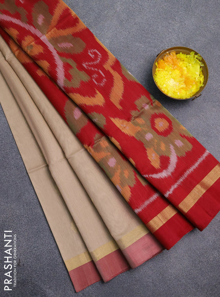 Kora silk cotton saree sandal and maroon with zari woven buttas and zari woven simple border