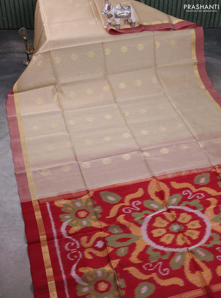 Kora silk cotton saree sandal and maroon with zari woven buttas and zari woven simple border