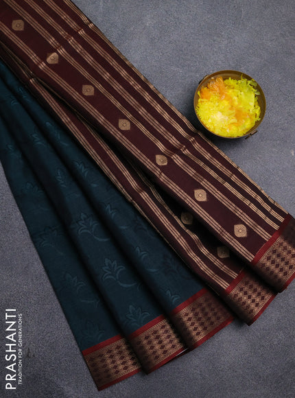 Kora silk cotton saree bottle green and deep wine with allover self emboss and zari woven border