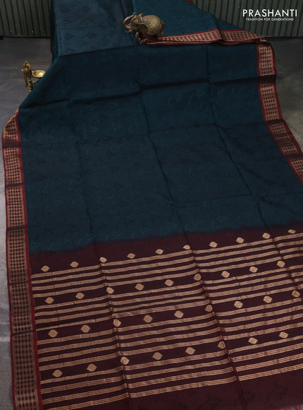 Kora silk cotton saree bottle green and deep wine with allover self emboss and zari woven border