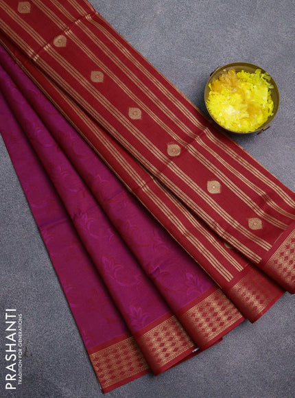 Kora silk cotton saree purple and red with allover self emboss and zari woven border