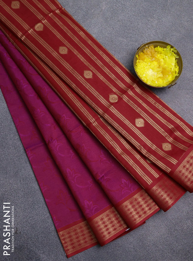 Kora silk cotton saree purple and red with allover self emboss and zari woven border
