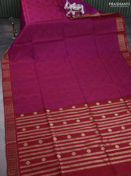 Kora silk cotton saree purple and red with allover self emboss and zari woven border