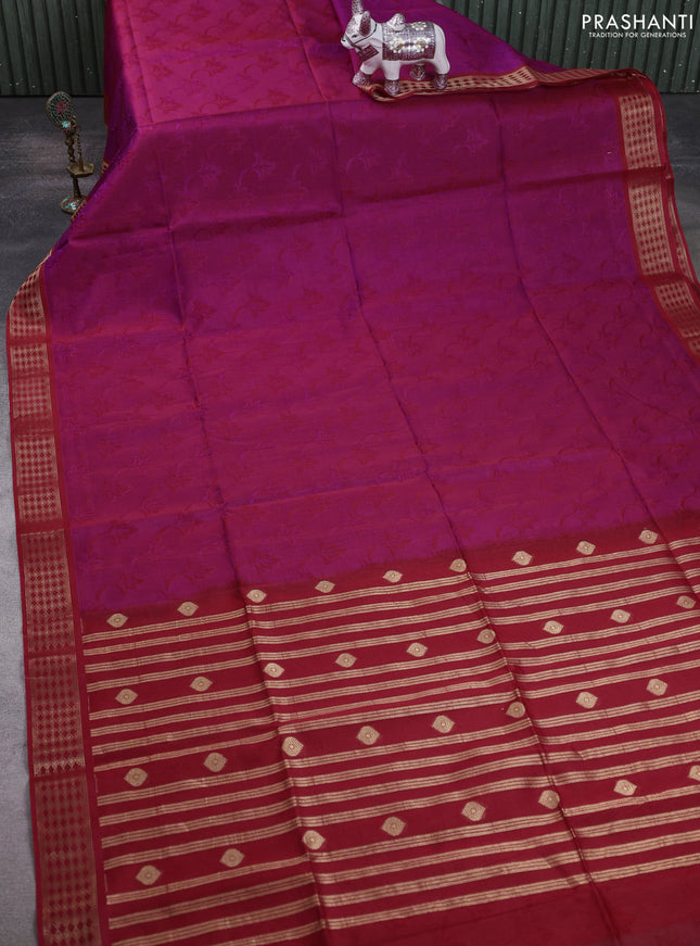 Kora silk cotton saree purple and red with allover self emboss and zari woven border