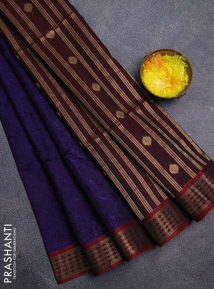 Kora silk cotton saree blue and deep maroon with allover self emboss and zari woven border