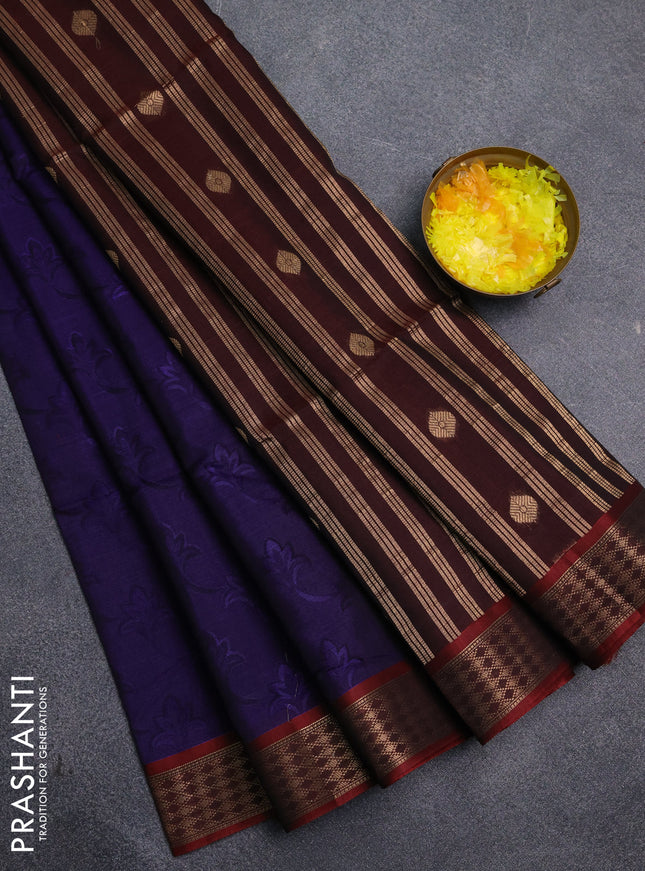 Kora silk cotton saree blue and deep maroon with allover self emboss and zari woven border