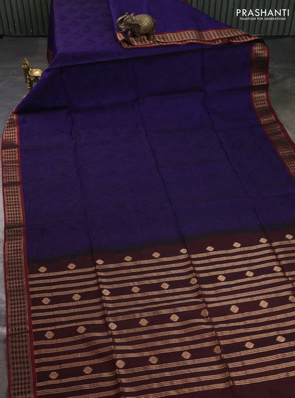 Kora silk cotton saree blue and deep maroon with allover self emboss and zari woven border