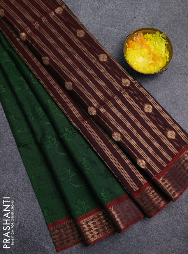 Kora silk cotton saree green and maroon with allover self emboss and zari woven border