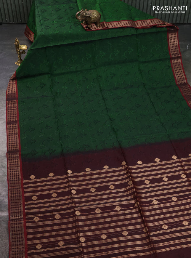 Kora silk cotton saree green and maroon with allover self emboss and zari woven border