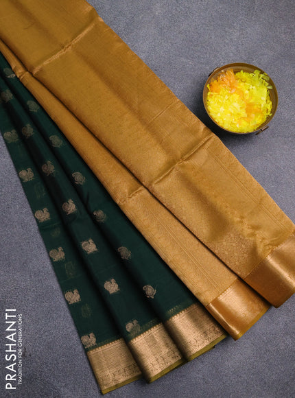 Kora silk cotton saree dark green and dark mustard with paisley & annam zari woven buttas and zari woven border