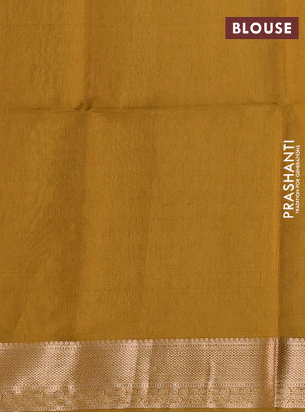 Kora silk cotton saree dark green and dark mustard with paisley & annam zari woven buttas and zari woven border