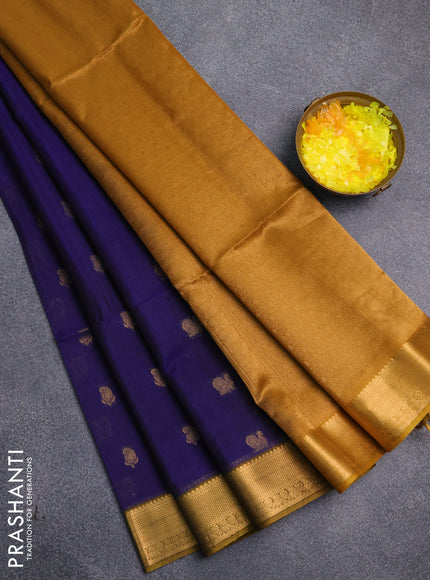 Kora silk cotton saree blue and dark mustard with paisley & annam zari woven buttas and zari woven border