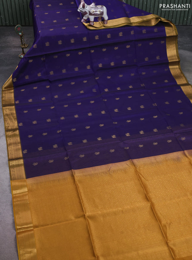 Kora silk cotton saree blue and dark mustard with paisley & annam zari woven buttas and zari woven border