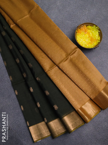 Kora silk cotton saree sap green and dark mustard with paisley & annam zari woven buttas and zari woven border