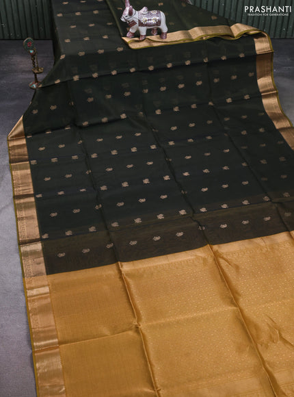 Kora silk cotton saree sap green and dark mustard with paisley & annam zari woven buttas and zari woven border