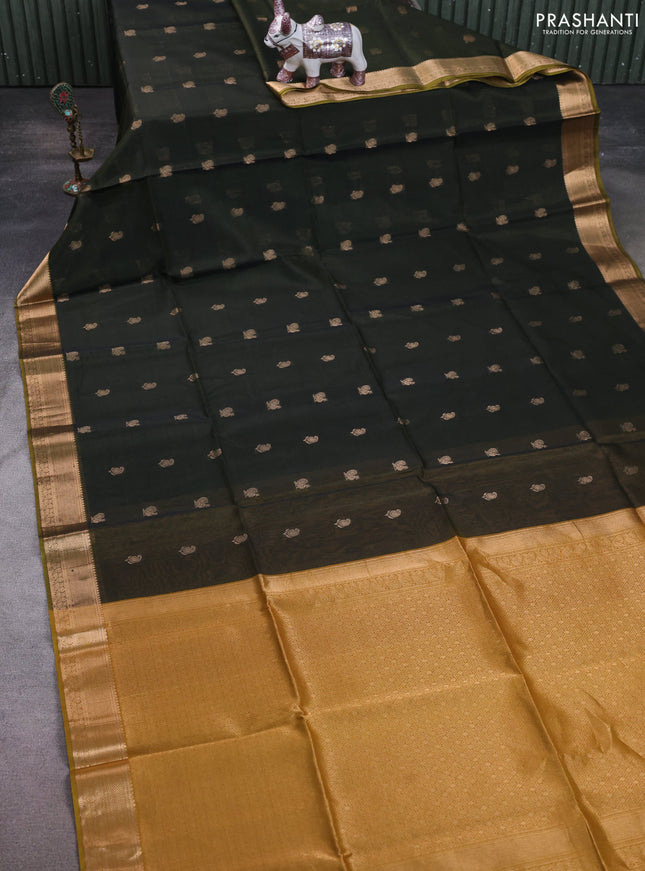 Kora silk cotton saree sap green and dark mustard with paisley & annam zari woven buttas and zari woven border