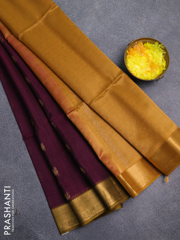 Kora silk cotton saree dark magenta and dark mustard with paisley & annam zari woven buttas and zari woven border
