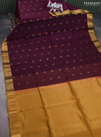 Kora silk cotton saree dark magenta and dark mustard with paisley & annam zari woven buttas and zari woven border
