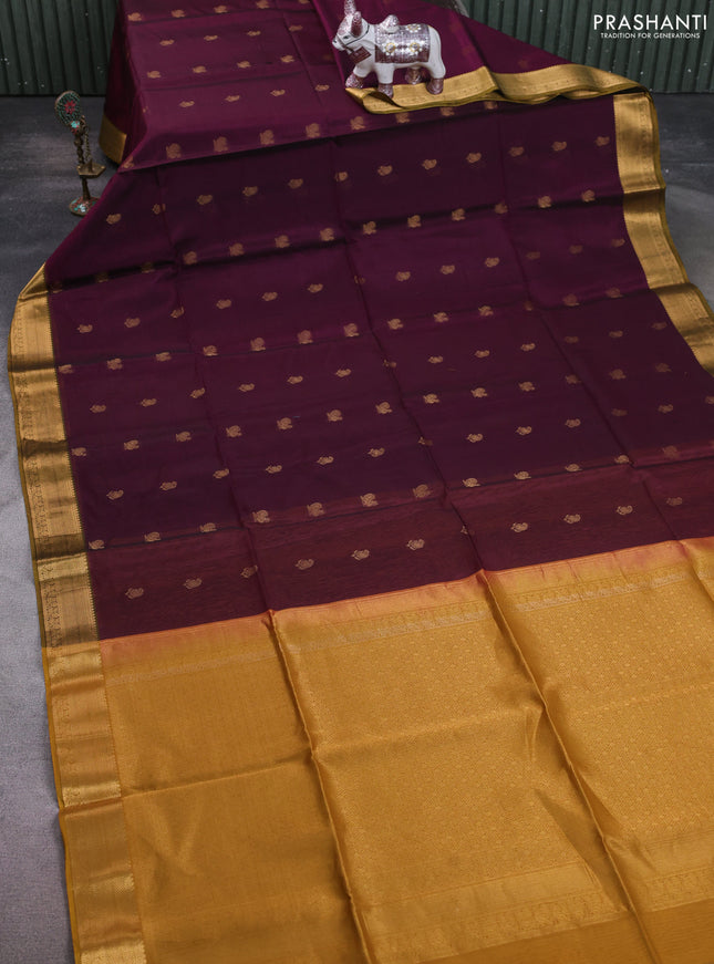 Kora silk cotton saree dark magenta and dark mustard with paisley & annam zari woven buttas and zari woven border
