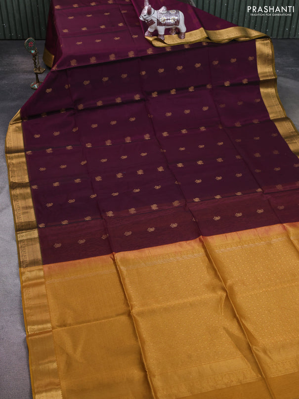 Kora silk cotton saree dark magenta and dark mustard with paisley & annam zari woven buttas and zari woven border